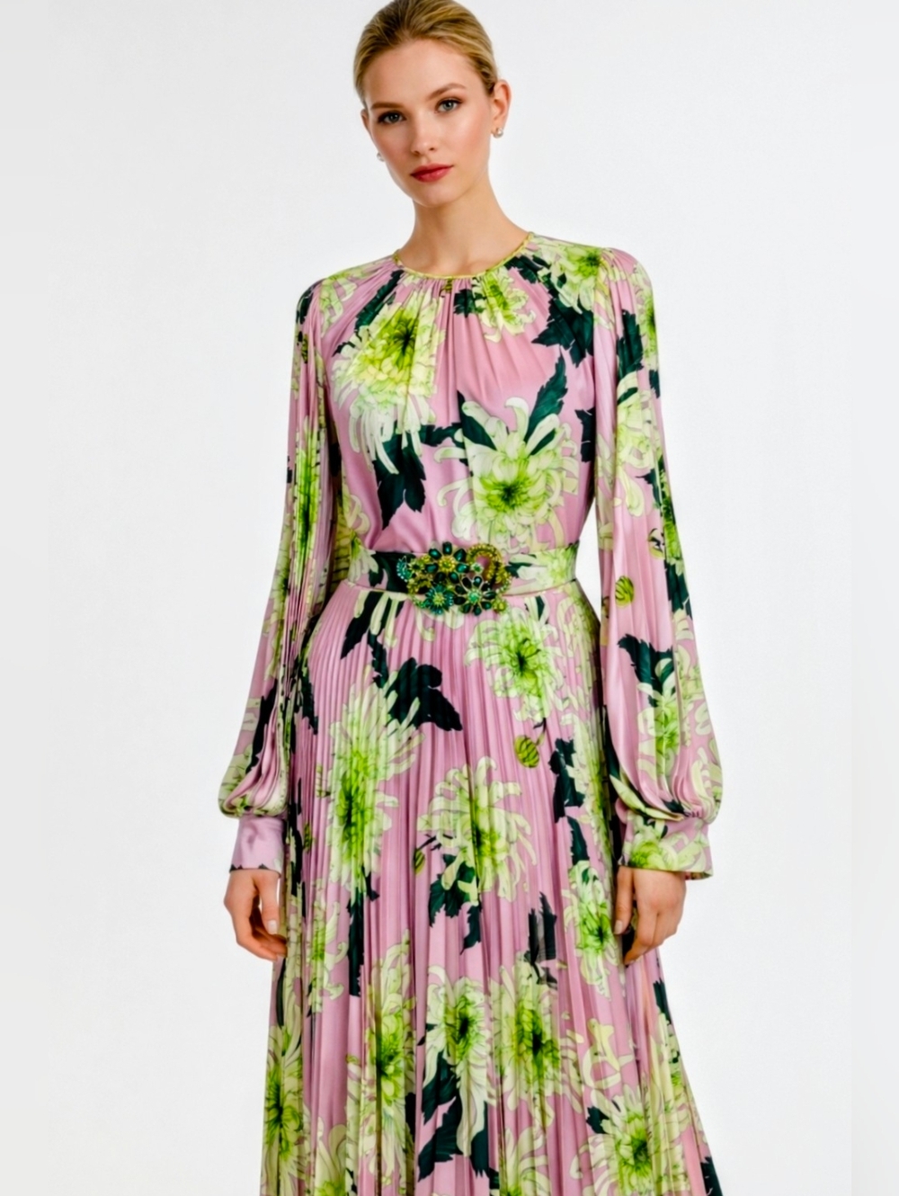 Andrew Gn Silk Floral Pleated Gown Embellished Belt Maxi Dress Luxury Designer - Picture 4 of 16